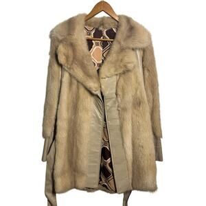 Womens Leather Real Fur Vintage 1980s Trench Coat Tan Glam Formal Penny Lane